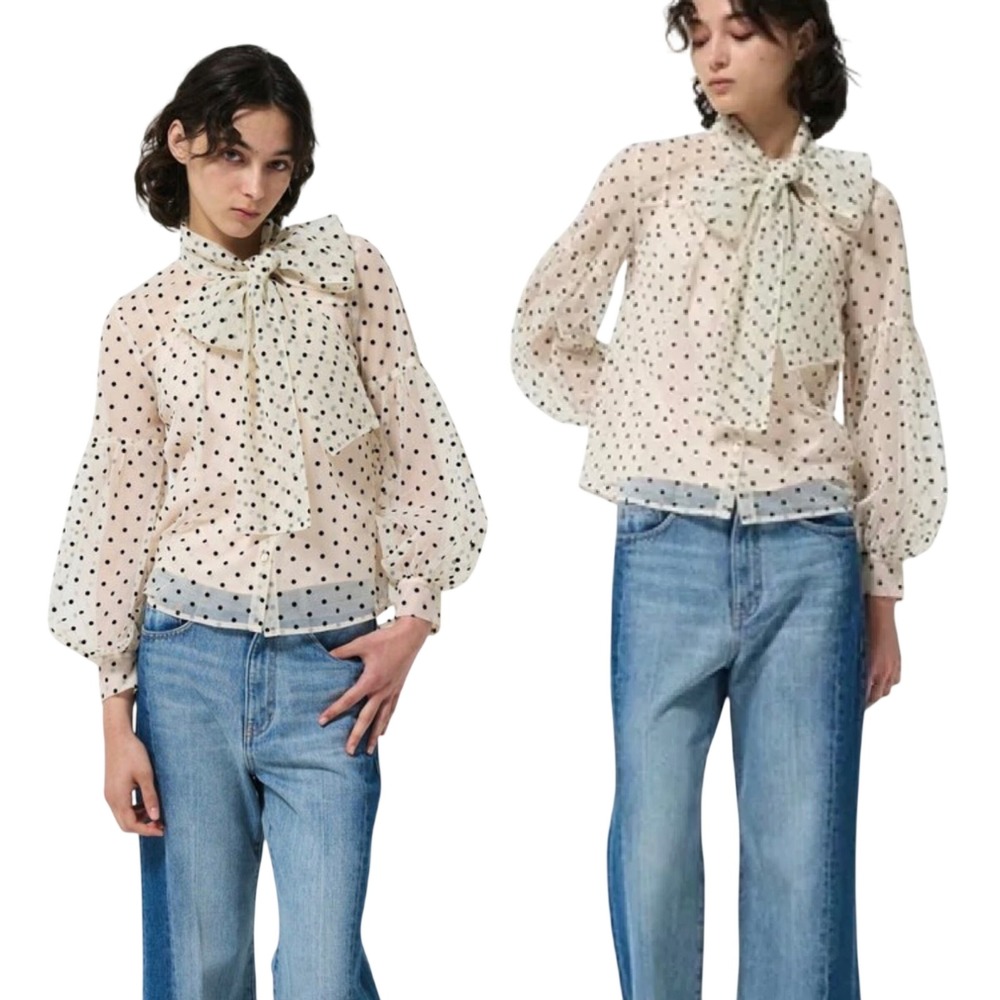 Retro Sheer Organza Polka Dot Tie Neck Boxy Blouse XL Office Career Chic